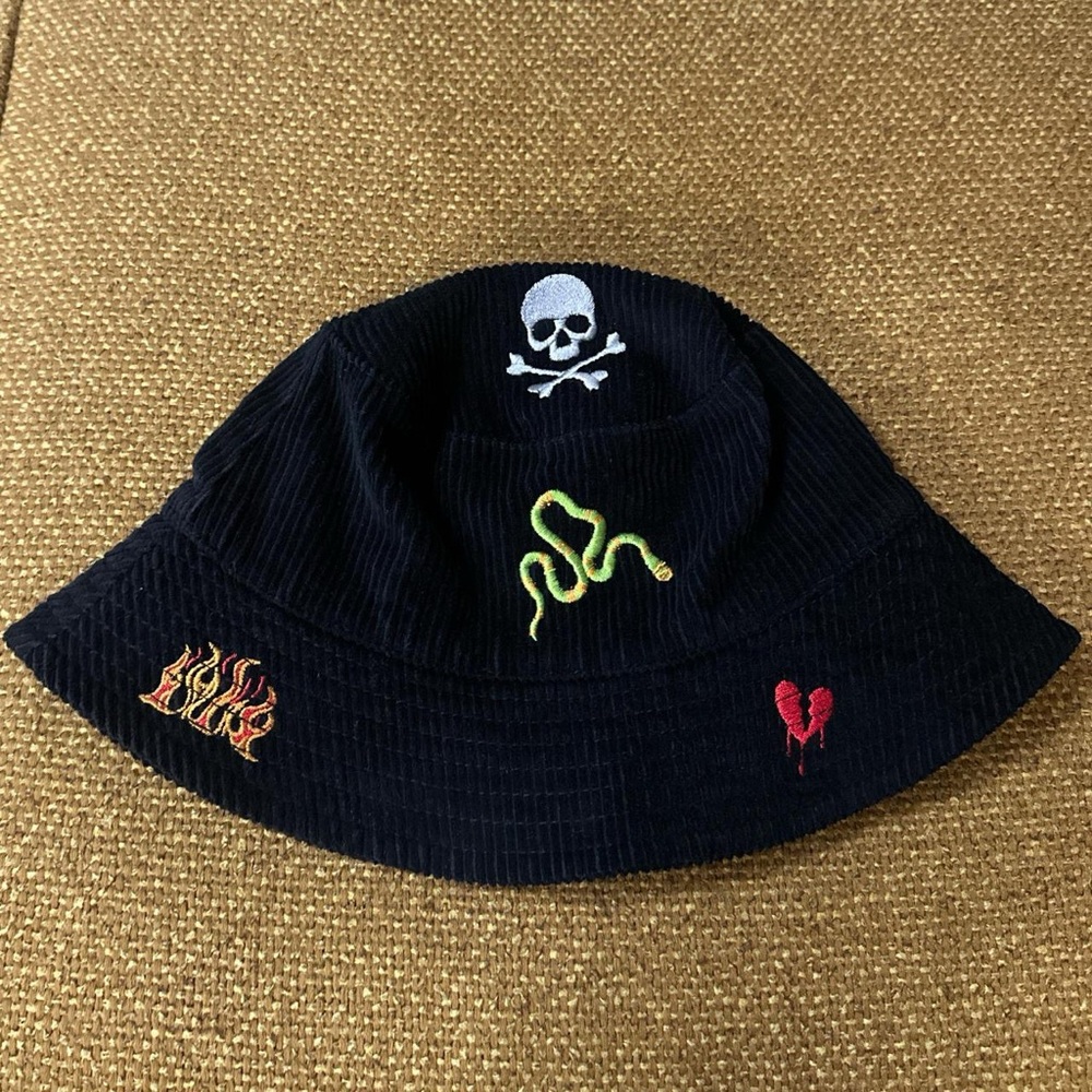 Black Corduroy Embroidered Bucket Hat